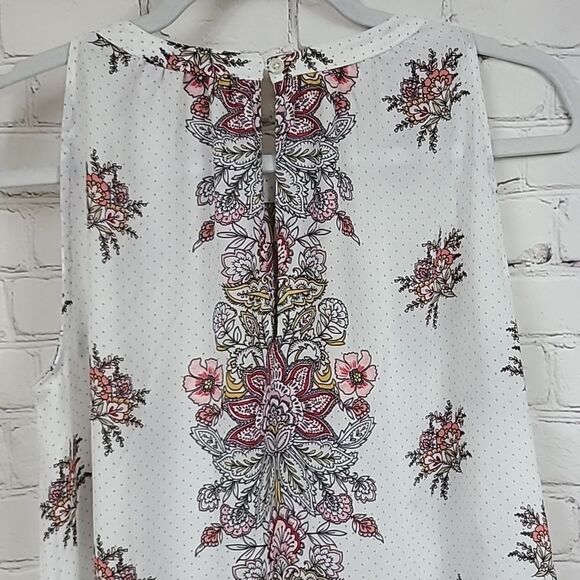 LOFT Ivory Floral Shirred Shell Polka Dot Sleeveless Blouse Women's Keyhole Top - Picture 10 of 11
